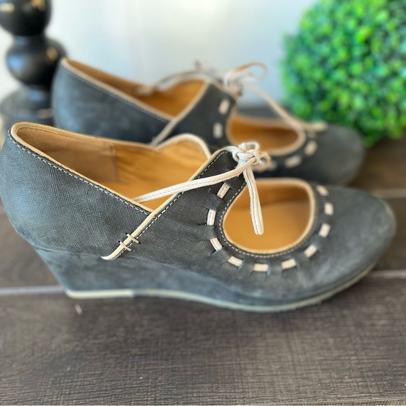 Clarks ORIGINALS Blue Gray Mary Jane Wedges Lace Ties 61606 Size 11 Medium - Picture 9 of 13